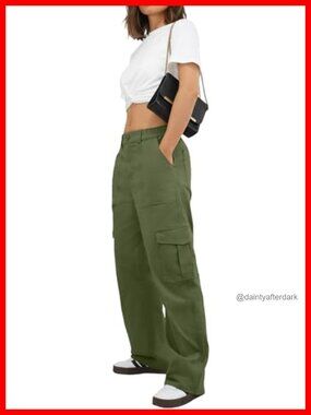Petite High Waisted Cargo Pants Wide Leg Cotton Stretch